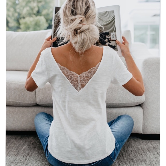 NEW! V-Neck Basic Lace Tee, White - Picture 3 of 6